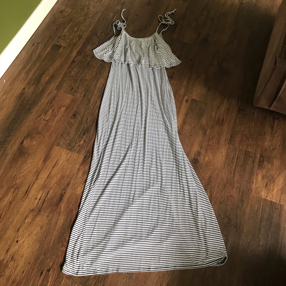 Black and white stripe maxi dress with tie sleeves